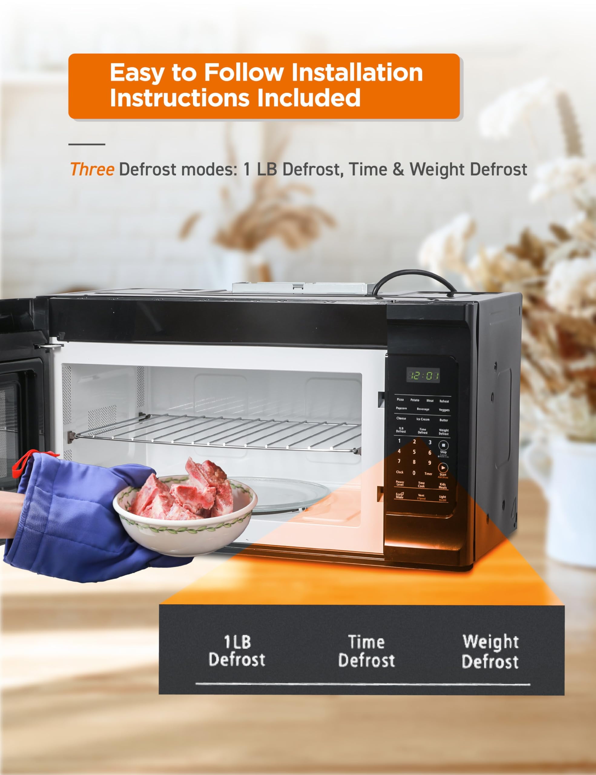 Commercial Chef 1.7 Cu. Ft. Over-The-Range Microwave Oven, 1000 Watt Microwave with 10 Power Levels, 300 CFM Hidden Vent Hood Fan, Touch Controls, LED Display, 10 Preset Options, CHMR17GB, Black