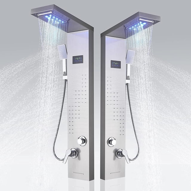 CES Bathroom Shower Panel System Shower Tower with LED Rainfall Waterfall Shower Head 5-Function Shower Faucet Rain Massage System with Body Jets,Brushed Nickel