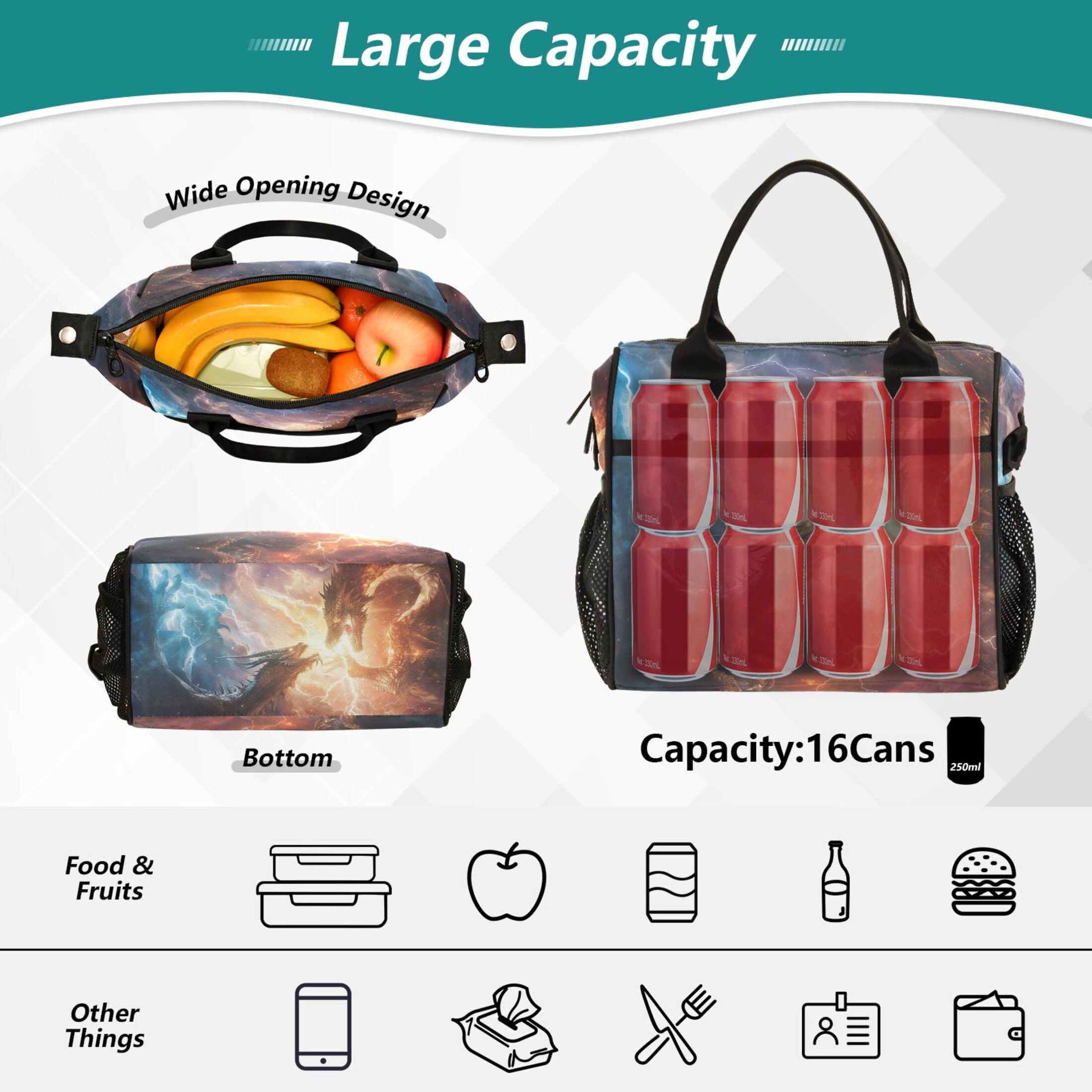ALAZA Dragon with Fire Insulated Lunch Bag Reusable Tote Box Adjustable Shoulder Strap for Work Picnic