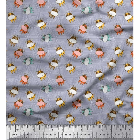 Soimoi Poly Georgette Fabric Triangle & Cow Cartoon Print Fabric by The Yard 52 Inch Wide