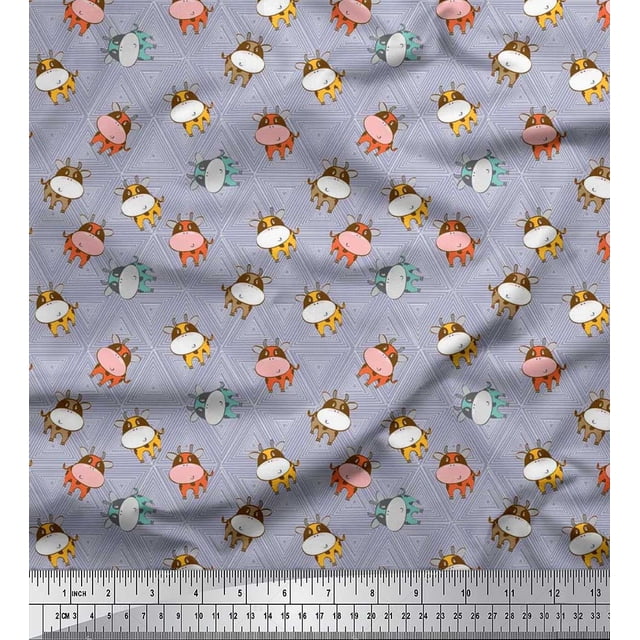 Soimoi Rayon Fabric Triangle & Cow Cartoon Print Fabric by The Yard 42 Inch Wide