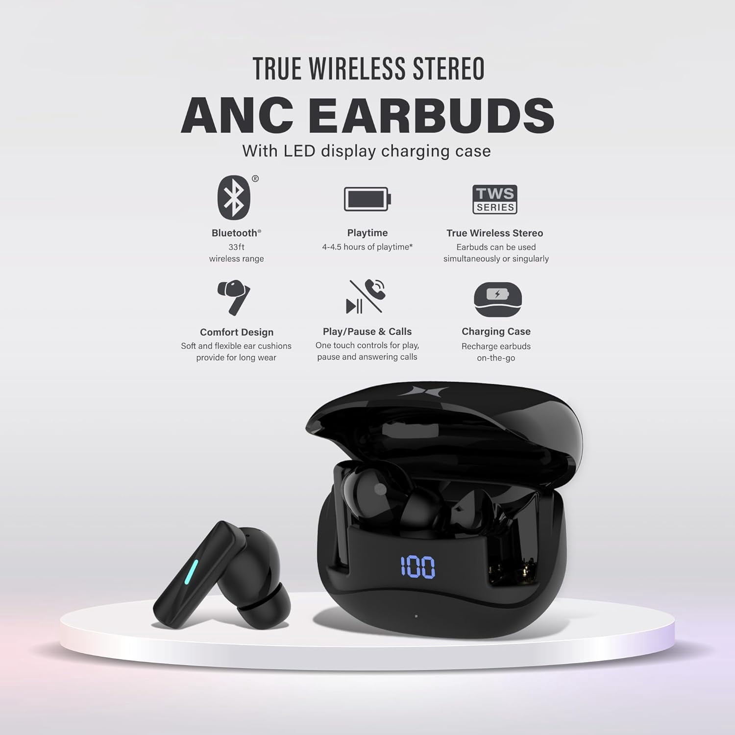 Xtreme Bluetooth Earbuds with True Wireless Stereo and Active Noise Cancelation, Charging Case with LED Display, up to 4 Hour Play Time, USB C Charging, Microphone, One Touch Controls (Black)