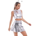 thumbnail image 5 of Women's 3Piece Metallic Outfit Shiny Crop Top + Silver Flared Skirt + Alien Headband Halloween Costume Clubwear Musical Festival Rave Outfit S Silver - Turtleneck, 5 of 8