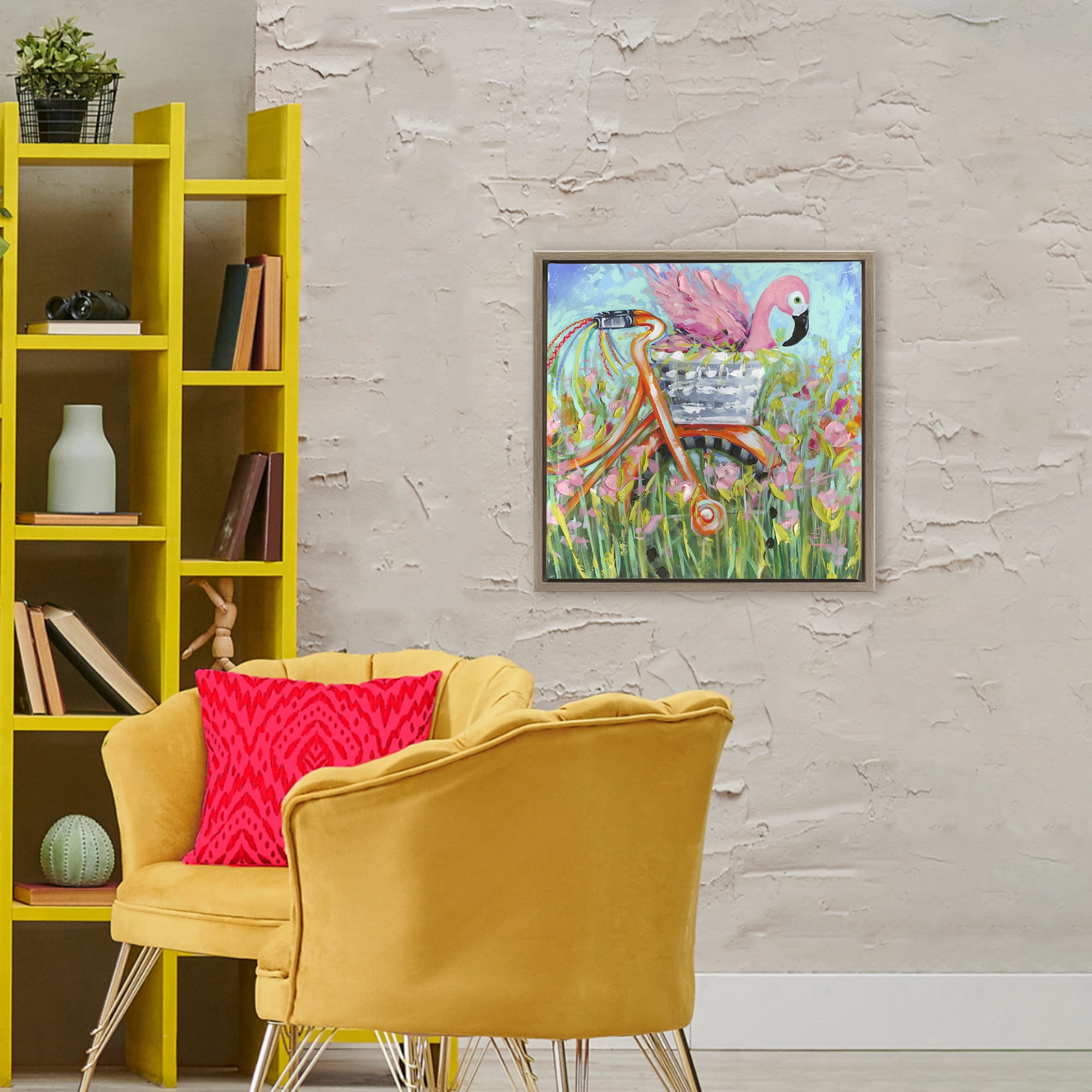 Stupell Industries Flamingo's Free Bicycle Ride Brown Framed Floater Canvas Wall Art, design by Estelle Grengs
