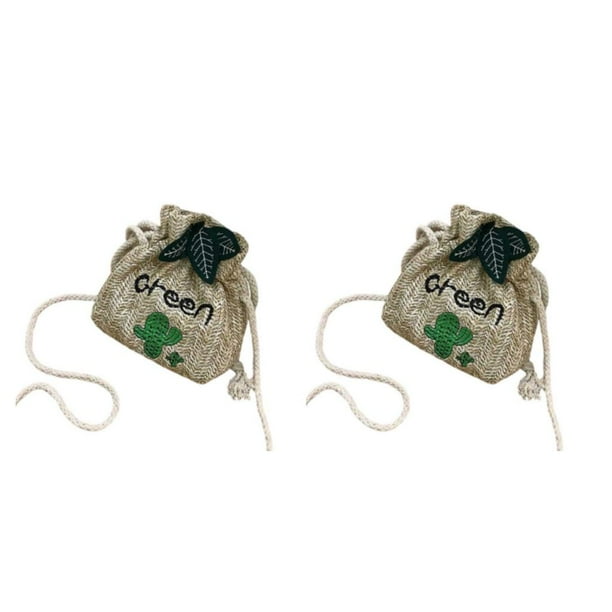 Sonducket Bolso con cordón de paja de dibujos animados decorativos de Color sólido de repuesto para compras, citas, viajes, bolsos de un solo Caqui 2piezas