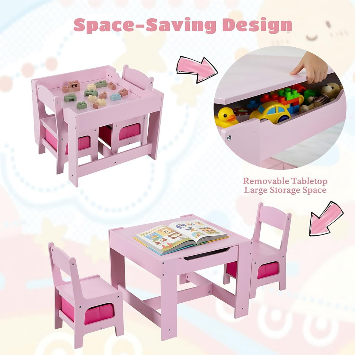 Pirecart Kids Table and 2 Chairs Set Wooden Activity Table and Chair Set with Blackboard & Storage Drawer, Pink