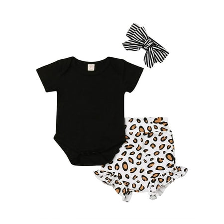 

Nokpsedcb 3PCS Newborn Infant Kids Baby Girls Short Sleeve Romper Leopard Shorts and Headband Summer Outfits Black 0-6 Months