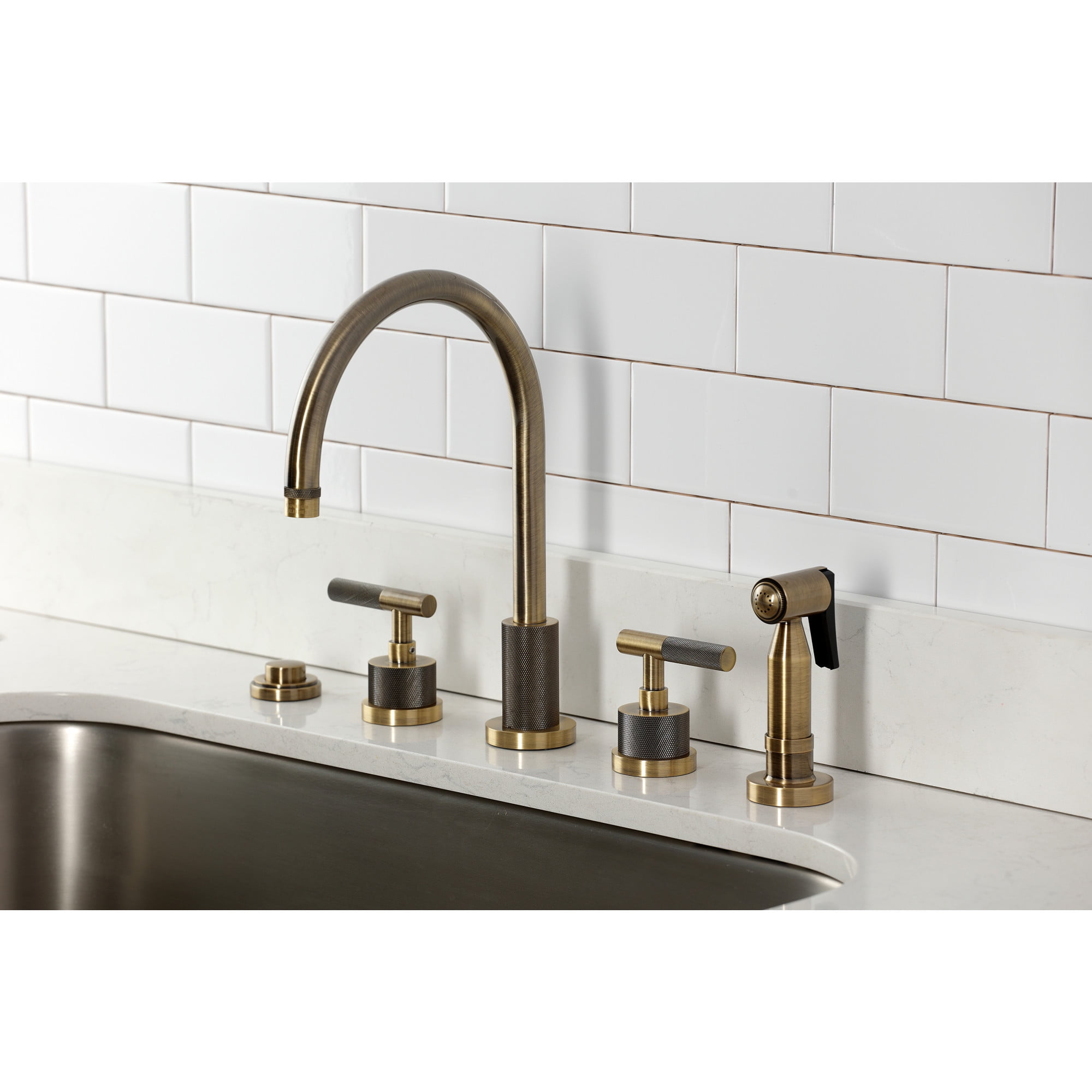 Kingston Brass KS8723KNLBS Convergent Double-Handle 4-Hole Widespread Kitchen Faucet with Knurled Handle 4-Hole and Brass Sprayer in Antique Brass