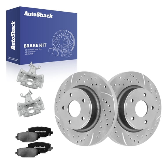 AutoShack Rear Solid Drilled & Slotted Silver Zinc Coated Brake Rotors   Ceramic Pads   Calipers 8-PC Brake Kit Replacement for 2012-2020 Dodge Journey SilverShield Pro 12.91" (328 mm)