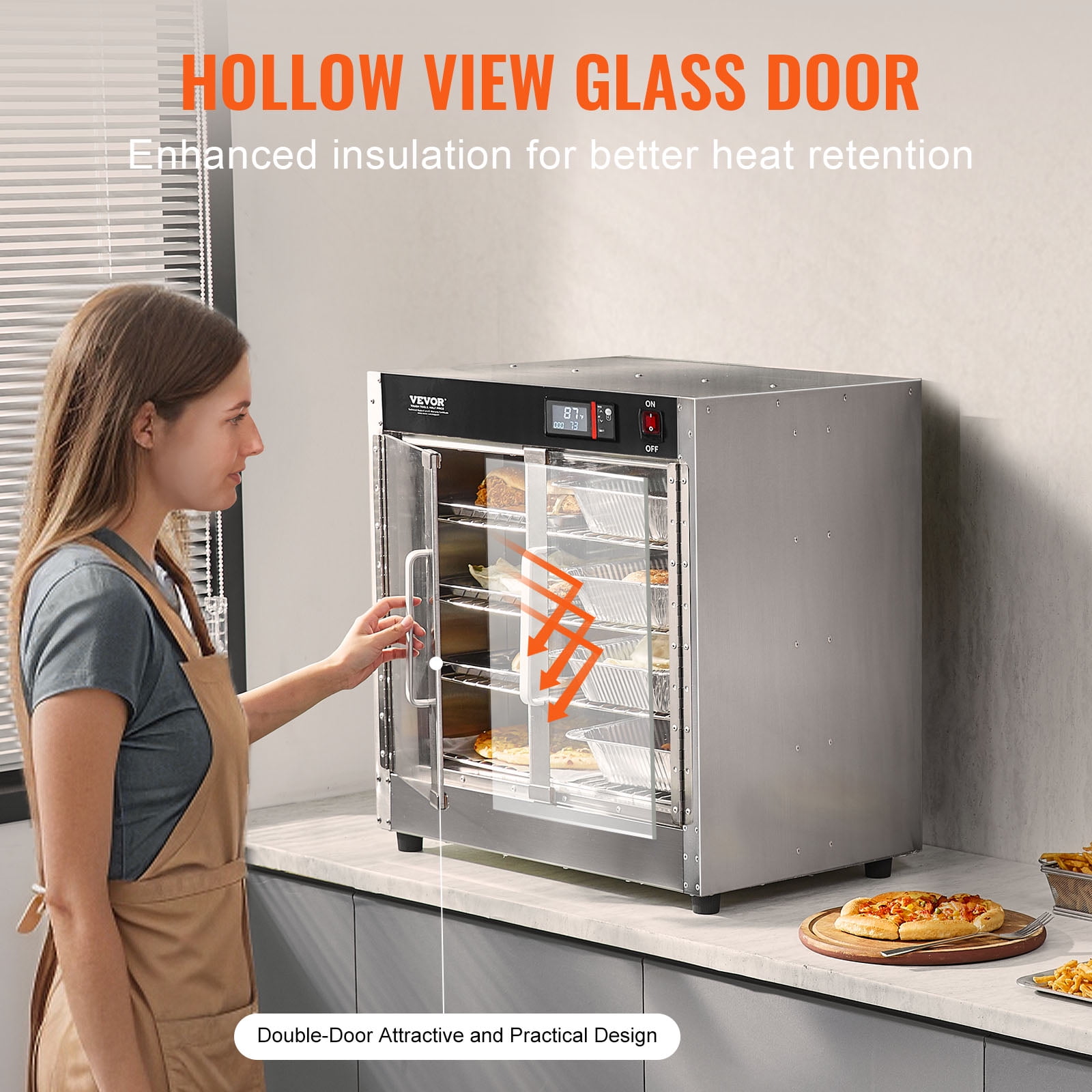 VEVOR Hot Box Food Warmer, 4-Tier Concession Warmer with Water Tray,4 Pans, Glass Double-door and Adjustable Shelves,Stainless Steel Food Warmer Cabinet, Ideal for Storing Pizza,Chicken,Restaurant
