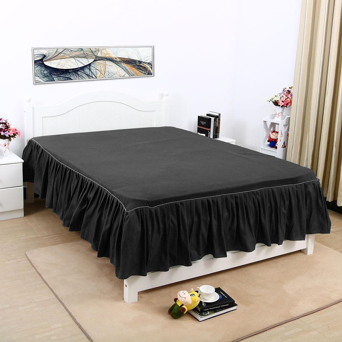 Pleated Bed Skirts Polyester Solid Dust Ruffle 14 Inch Drop Black, Twin