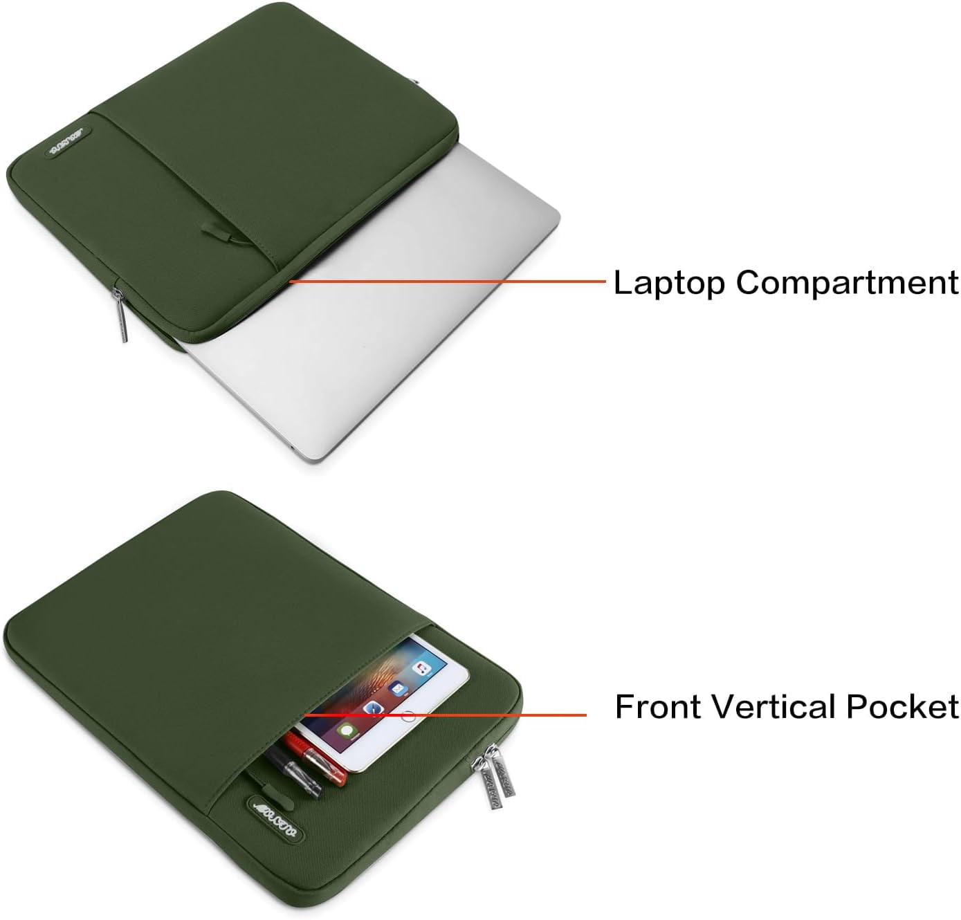 Mosiso Polyester Vertical Style Water Repellent Laptop Sleeve Case Bag Cover with Pocket for 13-13.3 Inch Notebook, MacBook Pro 14 inch M4 M3 M2 M1 Chip Pro Max 2024-2021, Army Green