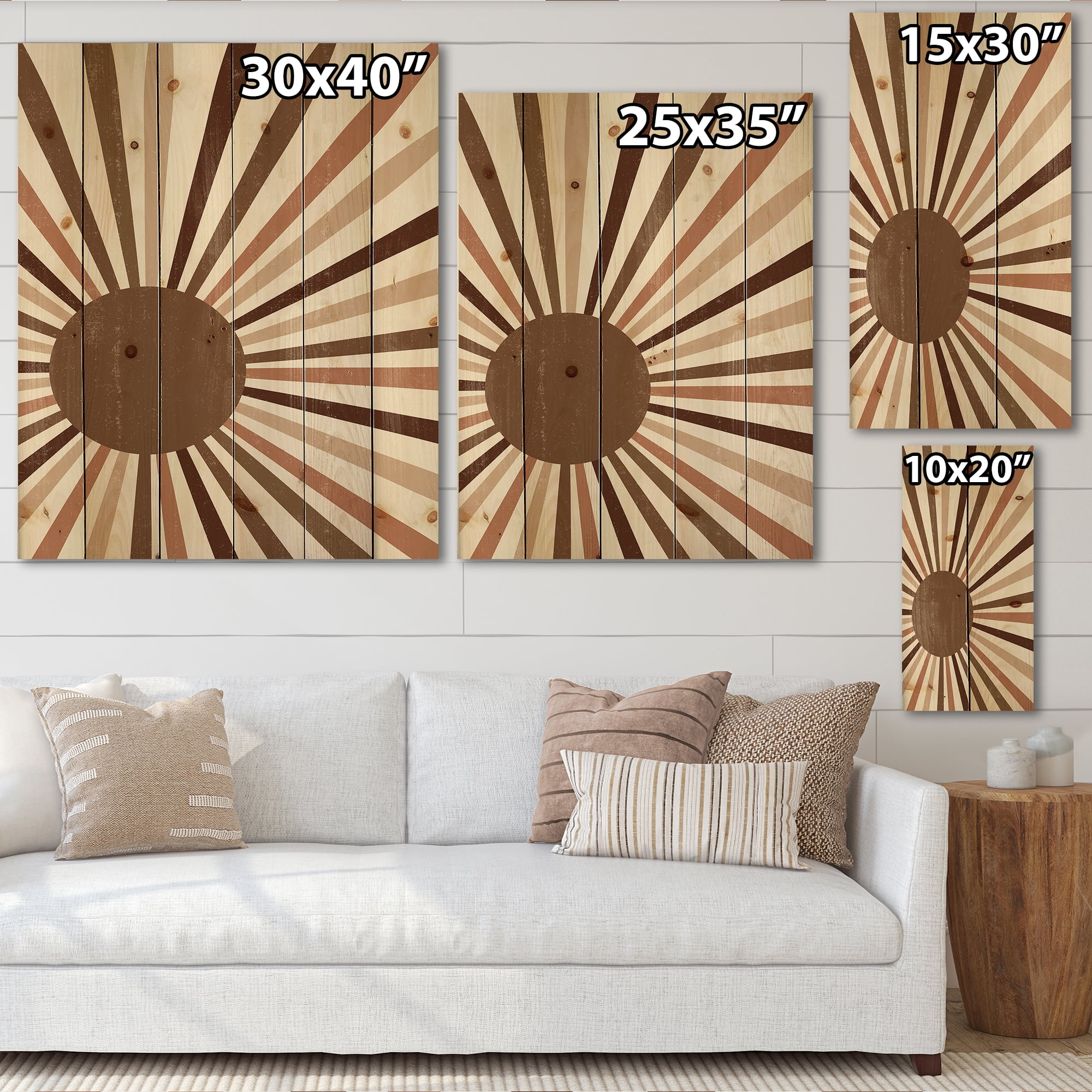 Designart 'Bright Minimalist Shining Terracotta Sun Rays' Modern Print on Natural Pine Wood
