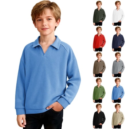 Agkizg Boys Waffles Knit Button Down Shirt Solid Color Collared Long Sleeve Top Casual Basic Blouse for Fall Soft Breathable T-Shirt for Kids Sizes 9-10 Years