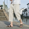 thumbnail image 2 of Men's Solid Color Cotton Linen Cropped Pants - Plus Size Casual Sports, Elastic Waist, Spring/Summer, 2 of 5