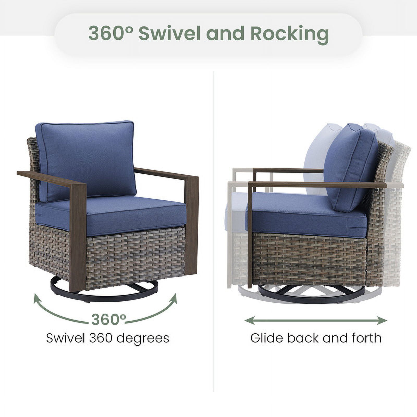 PARKWELL Classic Swivel Glider Chair Set of 2, Patio Cushioned Lounge Swivel Rocker Arm Chair for Balcony Yard,Gray Wicker and Navy Cushions