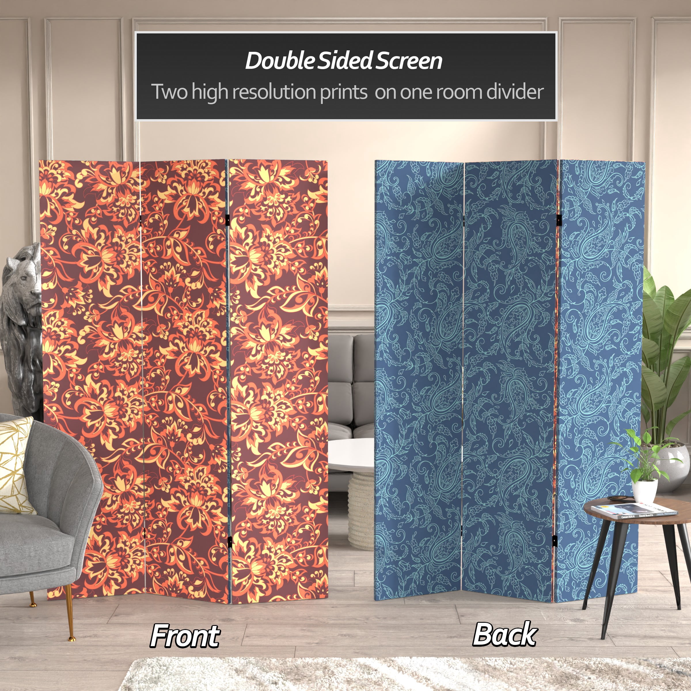 Oriental Furniture 6 ft. Tall Double Sided Floral Wallpaper Canvas Room Divider