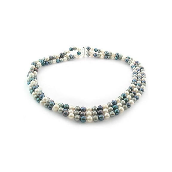 ADDURN Dark Multi-Color Freshwater Pearl Necklace for Women, Sterling Silver 3 Row 18" 6.5mm x 7mm