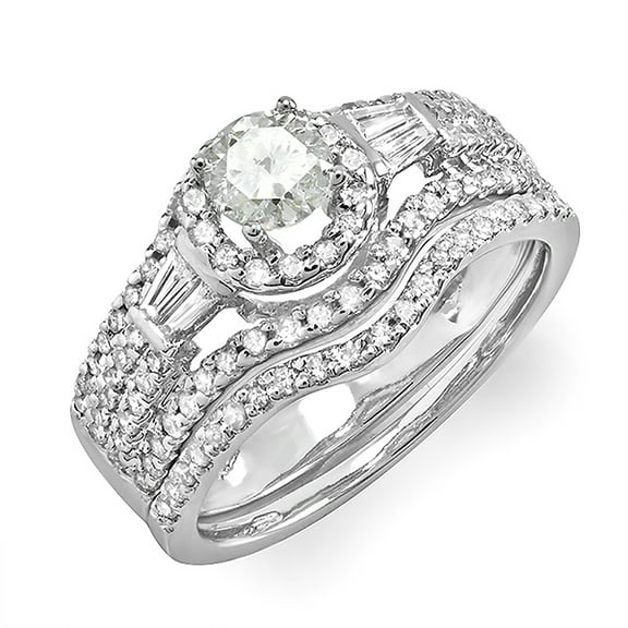 Dazzlingrock Collection 1.00 Carat (ctw) 14k Round & Baguette Diamond Ladies Halo Style Bridal Engagement Ring Matching Band Set 1 CT, White Gold, Size 6