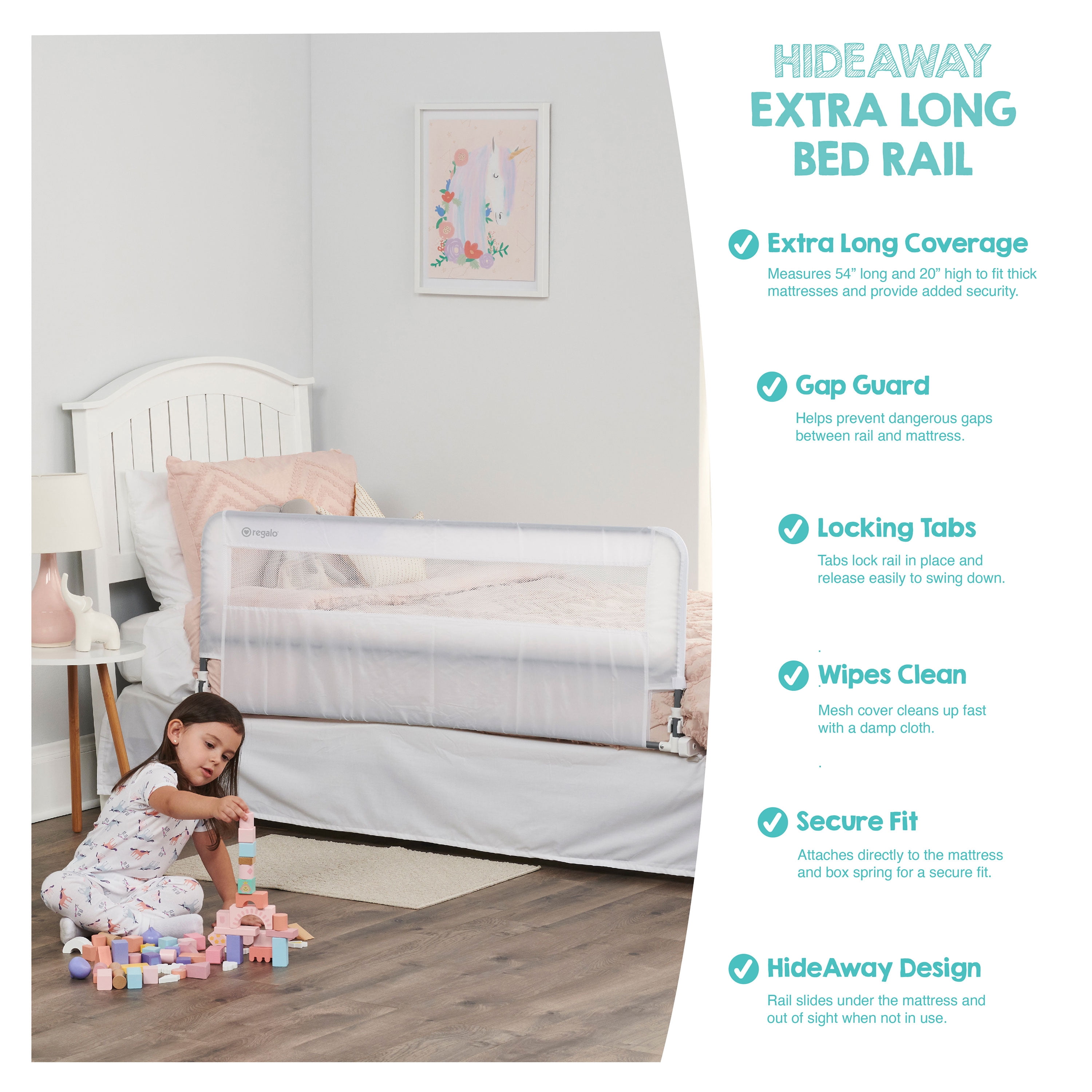 Regalo Hideaway 54" Extra Long Bed Rail Guard for Toddlers with Reinforced Anchor Safety System