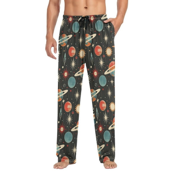 joogoo Men's Pajama Pants Retro Space Planets Rockets Soft Long Sleep Lounge Pjs Bottoms L
