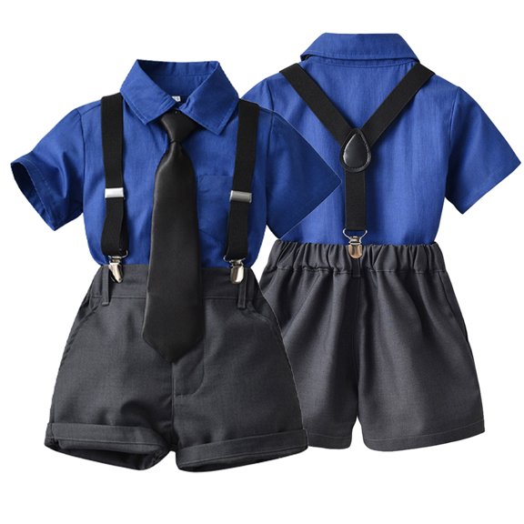 KYAIGUO Baby Little Boys Gentleman Outfit Sets 3PCS Solid Color Short Sleeve Dress Shirt Tops and Suspender Shorts with Bowtie Set for Kids 6 Months - 8 Years