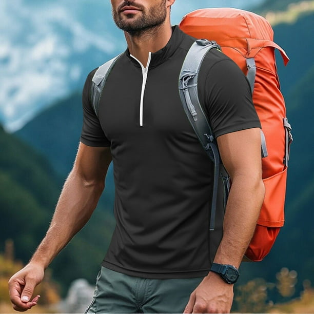 pstuiky Camisas casuales de manga corta para hombre, Camiseta deportiva de verano para hombre, de color liso, ajustada, con cremallera, de manga corta y cuello alto camisas casuales para hombre l