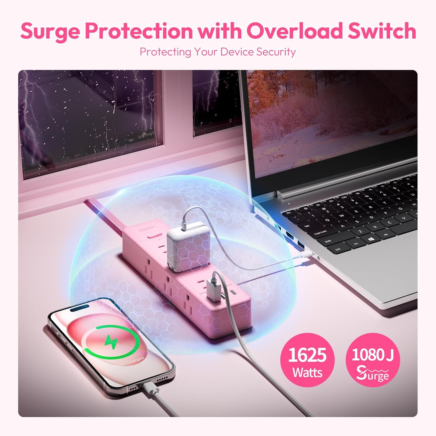 OPVM-Pink Power Strip, Surge Protector Power Strip, Cute Pink Extension Cord 5FT, 9 Outlets 3 USB (1 USB C), Mounted, 1080J, Multiple Outlets for Home Office, Kawaii, Desk Accessories, Women