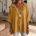 thumbnail image 2 of Setooff Solid Ruffle V Neck Loose Womens Tops, Lightweight Cotton Linen Blend 3/4 Length Sleeve Casual Trendy Womens Shirts, 2 of 7