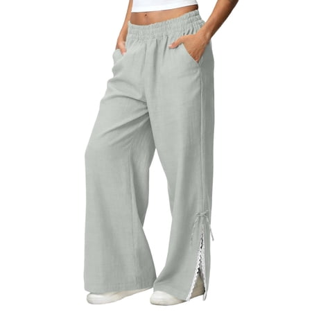 iHPH7 Women s Flowy Split Side Lace Wide Leg Palazzo Pants Trousers Pants for Women (S-3XL)