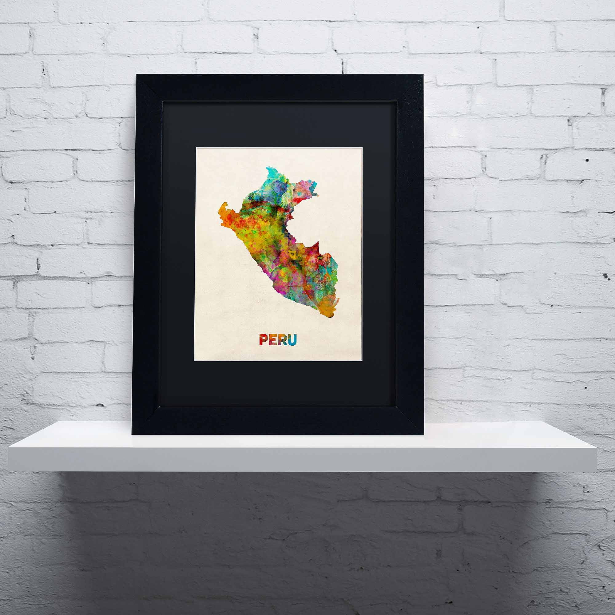 Trademark Fine Art "Peru Watercolor Map" Canvas Art by Michael Tompsett, Black Matte, Black Frame