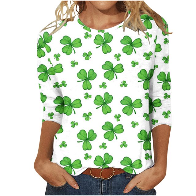 DPTALR T-shirt Imprimé pour la Saint-Patrick pour Femmes, Manches 3/4 Mi-Longues, Col Rond, Décontracté