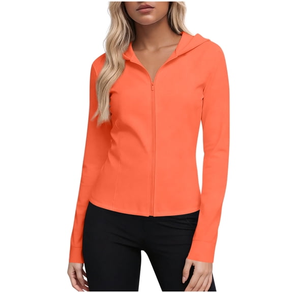 Staron Women's Zip Front Hooded Jacket Slim Fit Short Sleeve UPF Sun Protection Thumbholes Activewear Casual Sporty Pullover, Orange 4XL
