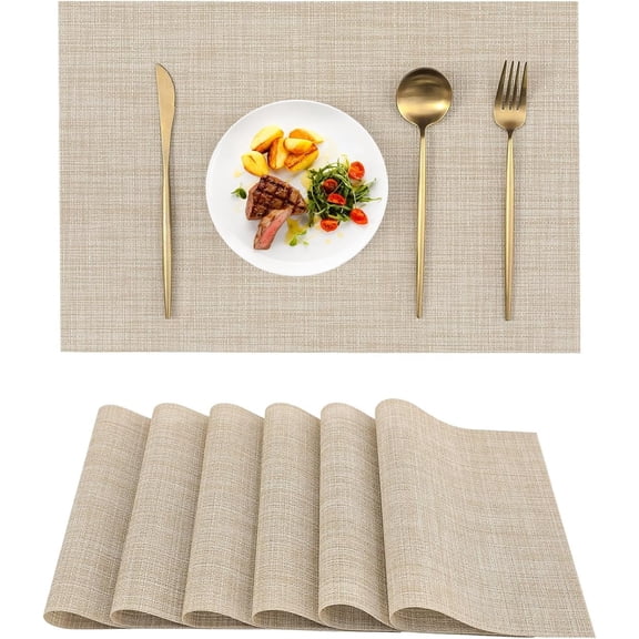 ShiftWeave Beige Placemats Set of 6: Heat Resistant Washable PVC Vinyl Table Mats, Non-Slip Durable Woven Kitchen Place Mats for Dining Table - Easy to Clean