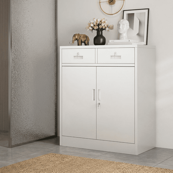 36" Metal Storage Cabinet with 2 Lockable Drawers & 2 Doors, Short Steel Garage Cabinet with Adjustable Shelf, Locking Accent Cupboard Sideboard for Home, Office, White