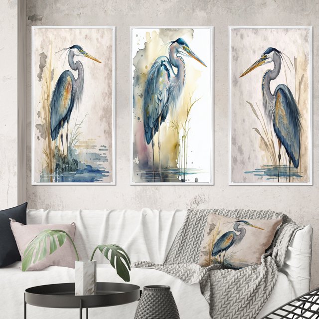 Designart "Riverside Reverie with Heron Watercolor Scene I" Animals Heron Framed Wall Art Set Of 3 - Blue Heron Frame Gallery Wall Set For Home Decor