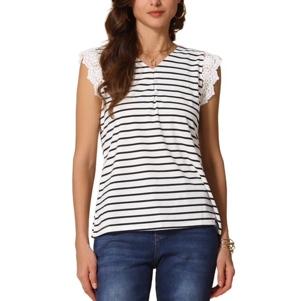 INSPIRAR CHIC Blusa de Verano para Mujeres Cuello en V Encaje Apliques Rayas Camiseta de Manga Corta 2XL Blanca