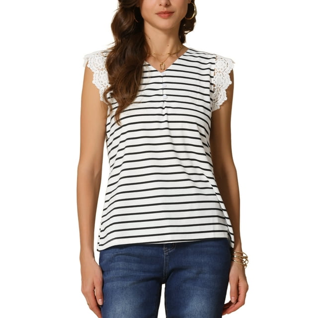 INSPIRAR CHIC Blusa de Verano para Mujeres Cuello en V Encaje Apliques Rayas Camiseta de Manga Corta 2XL Blanca