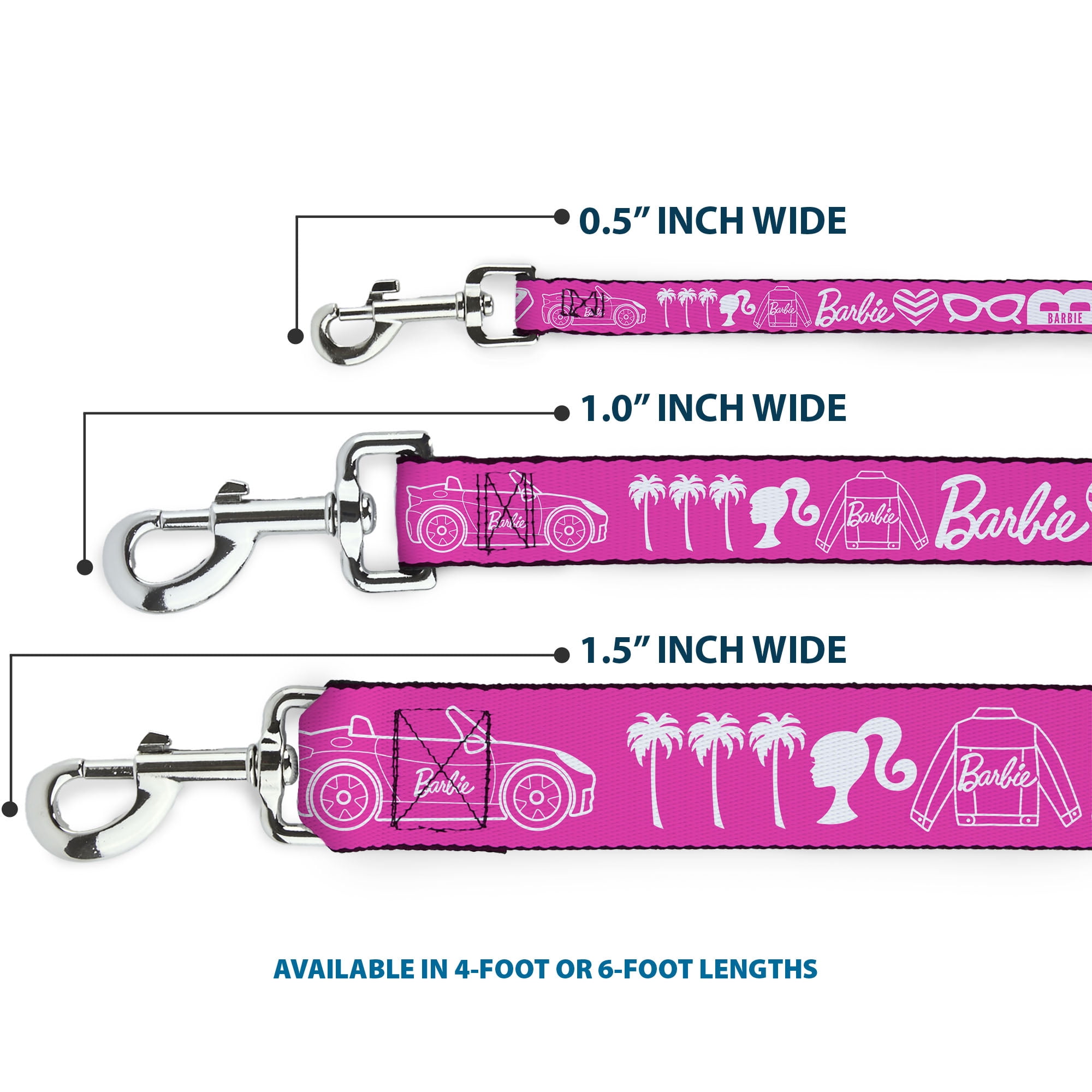 Mattel Pet Leash, Dog Leash, Barbie Script Signature and Icons Pink White, 6 Feet Long 1.0 Inch Wide