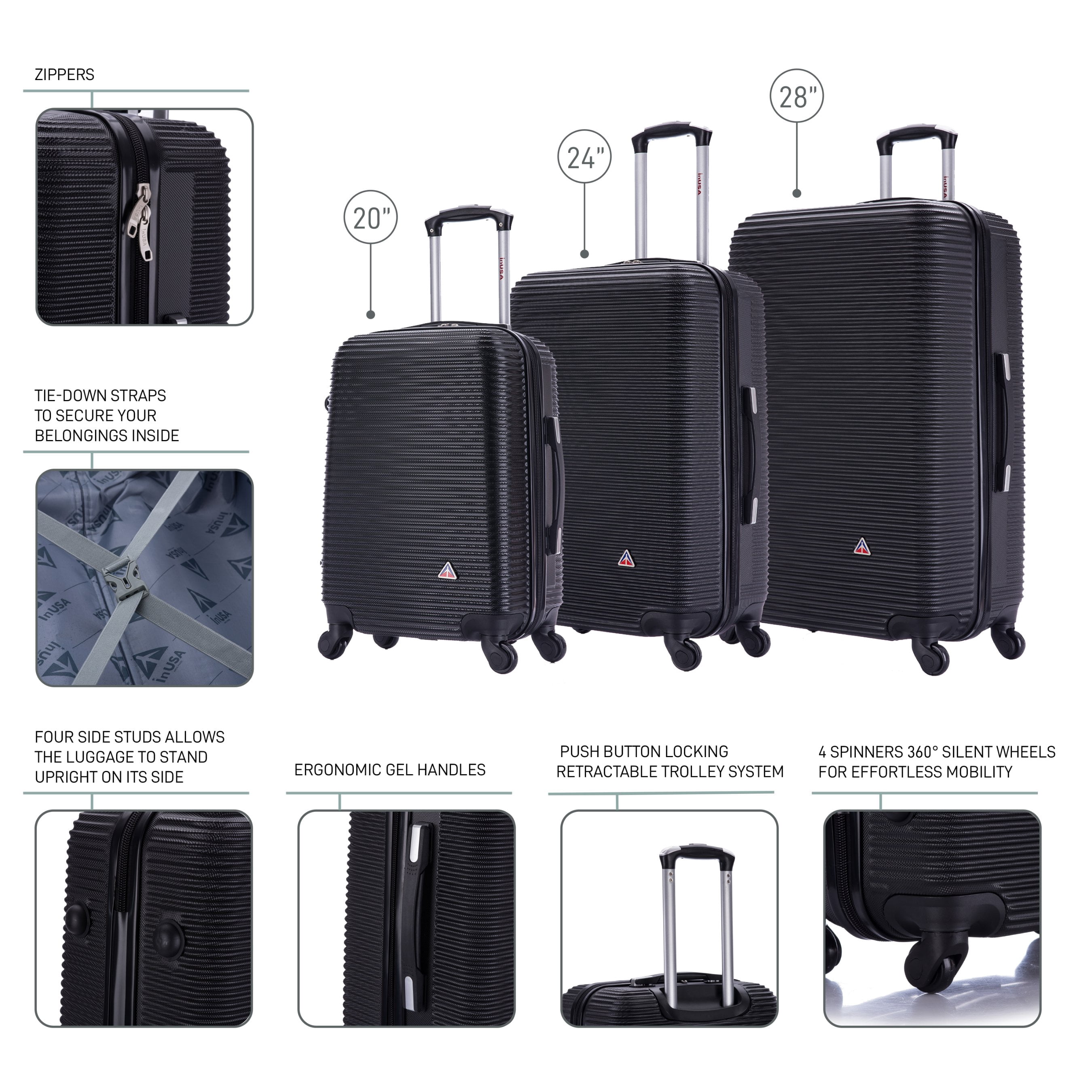 InUSA Royal 3-Piece Hardside Luggage Sets with Spinner Wheels, Handle, and Trolley, (20"/24"/28"), Black