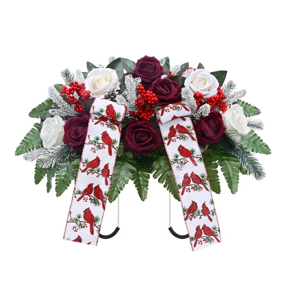 Yastouay Christmas Artificial Cemetery Flowers for Grave Silks Rose with Cemetery Saddle for Headstone