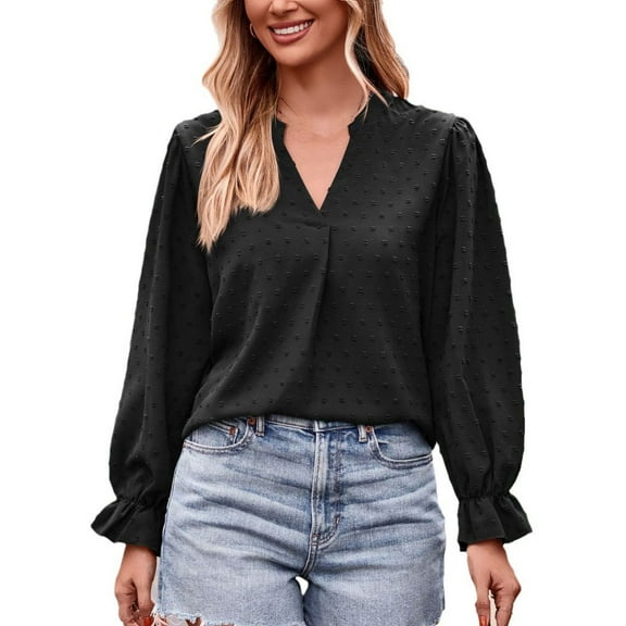 Plus Size Tops for WomenWomen's Fashion Casual Solid Colour V-Neck T-Shirt Loose Long Sleeve Top