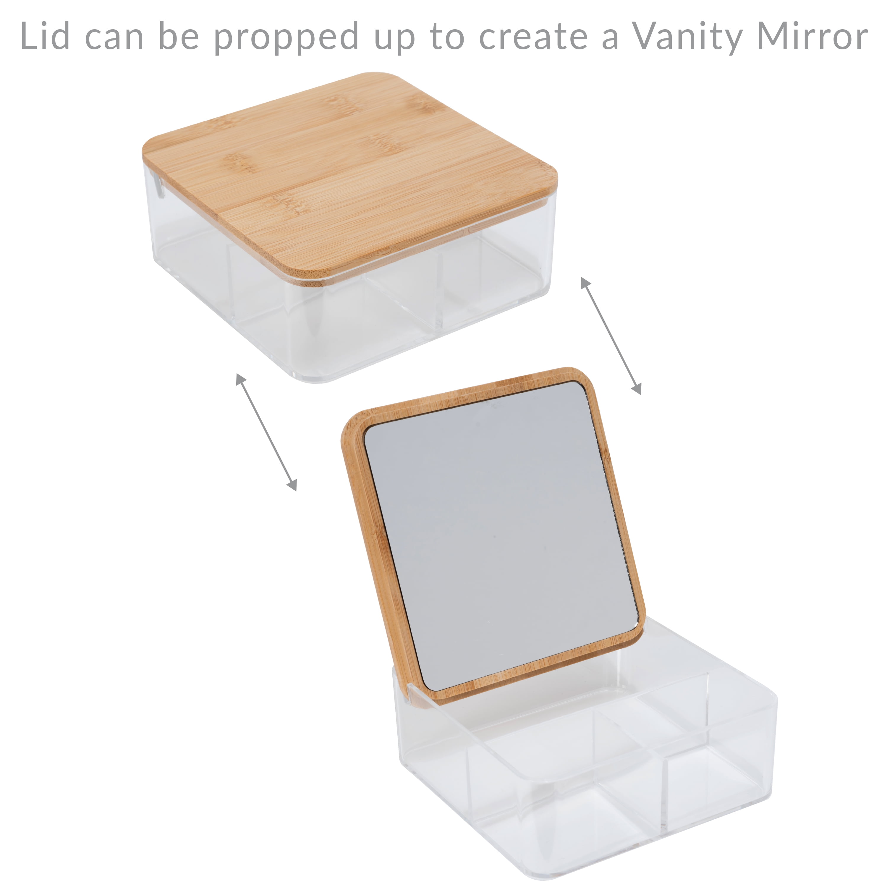 Simplify 3 Compartment Clear Plastic Organizer with Bamboo Lid & Mirror