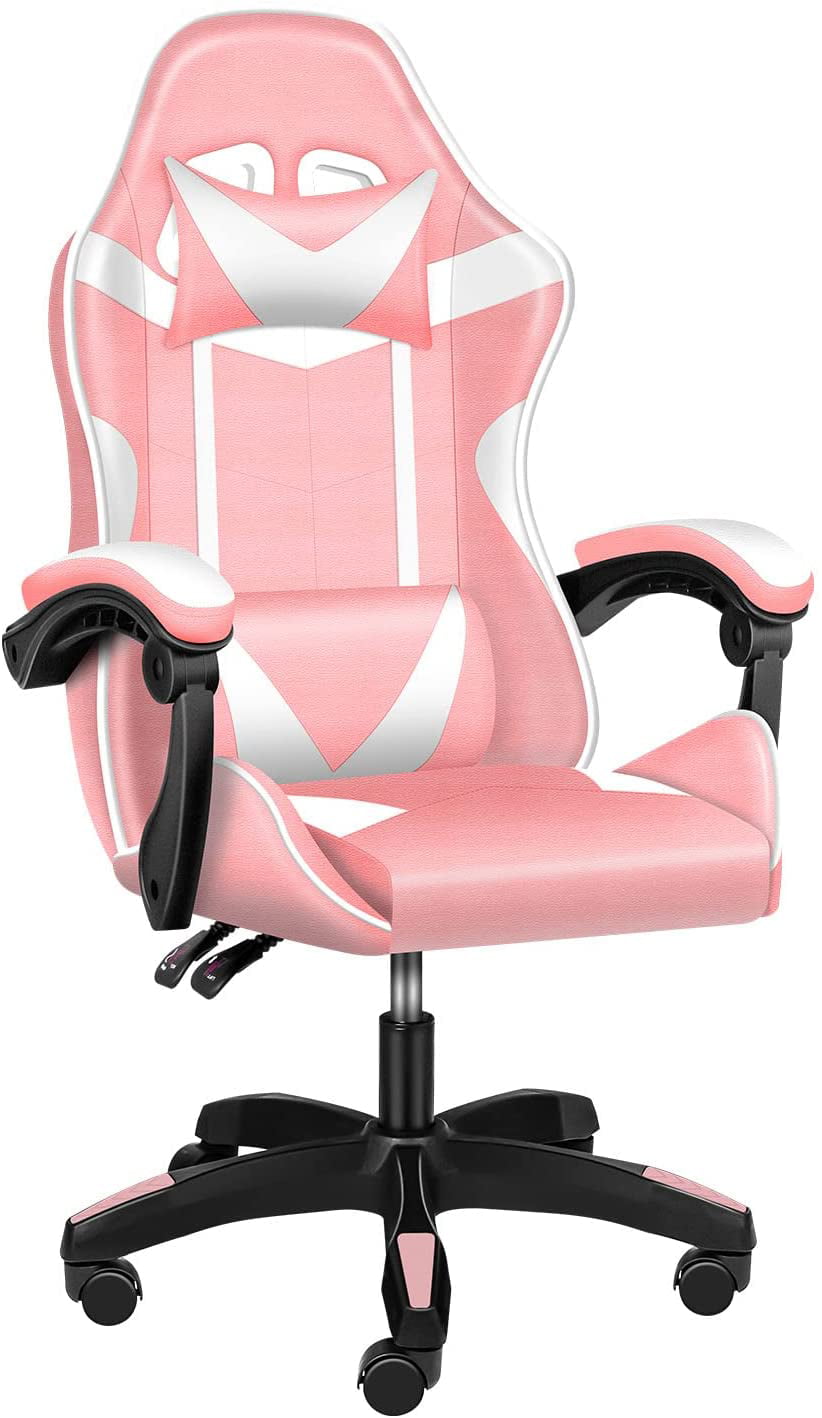 Pink White Gaming Chair Ergonomic Office Computer Chair Racing Recliner Swivel