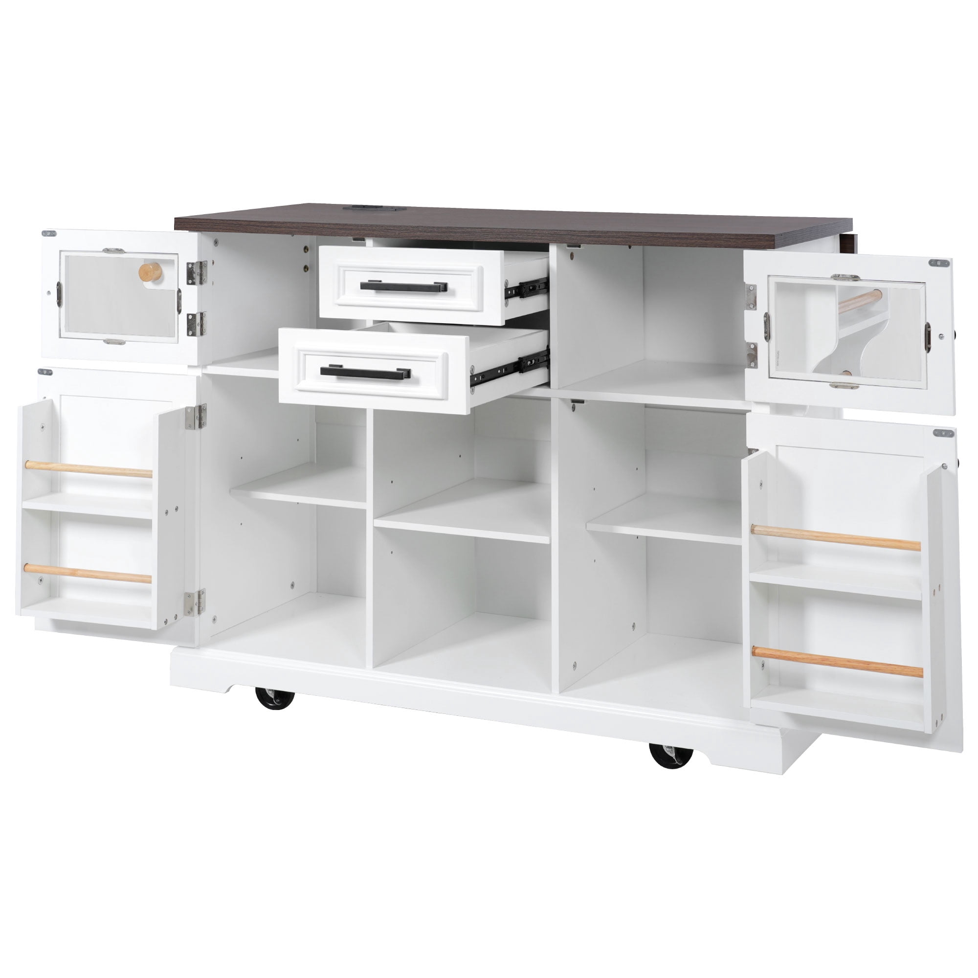 Harper & Bright Designs Kitchen Island with Drop Leaf and Wheels, Kitchen Storage Cart with 4 Door Shelves, Farmhouse Rolling Kitchen Island with Power Outlet and Visual Glass Door, White