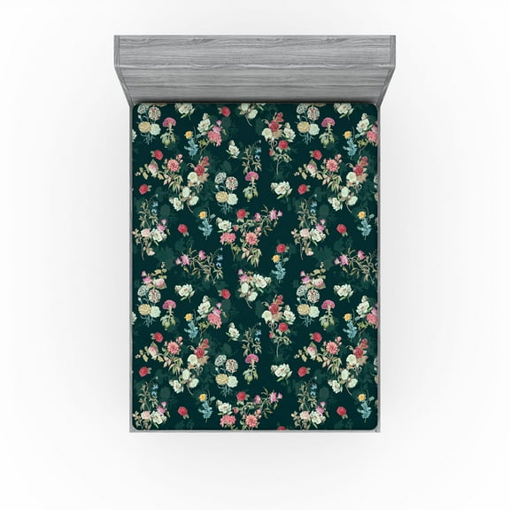 Ambesonne Floral Scene Fitted Sheet, Jungle Dreamy Flower, California King, Hunter Green Pale Pink