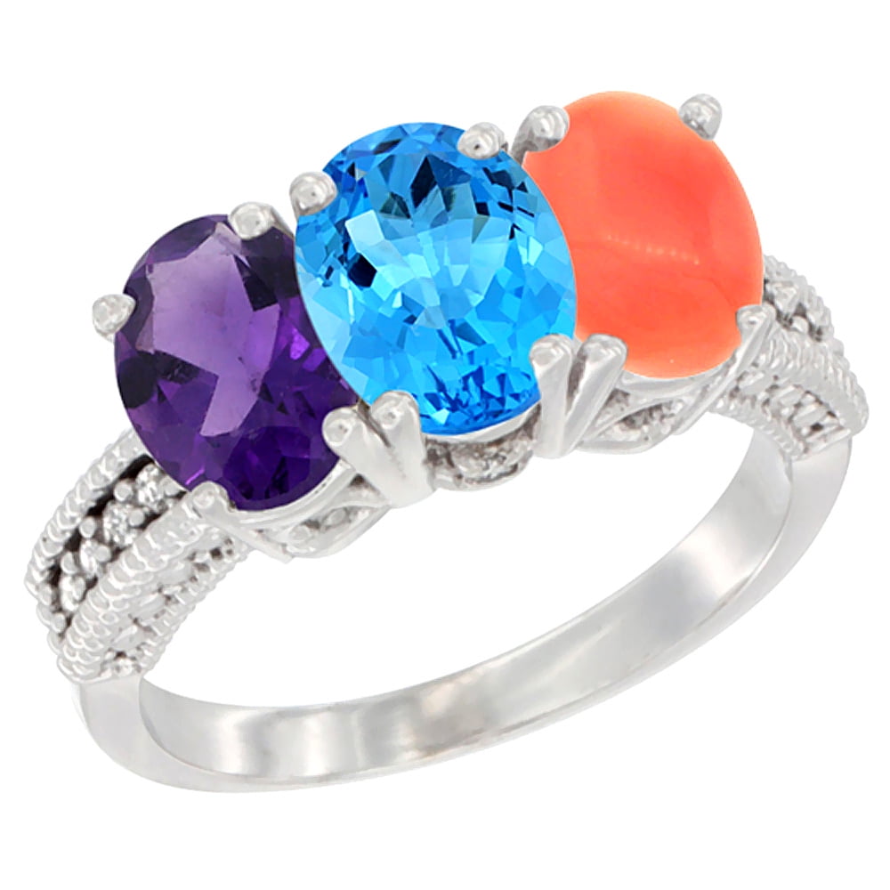 14K White Gold Natural Amethyst, Swiss Blue Topaz & Coral Ring 3-Stone 7x5 mm Oval Diamond Accent, sizes 5 10 by WorldJewels