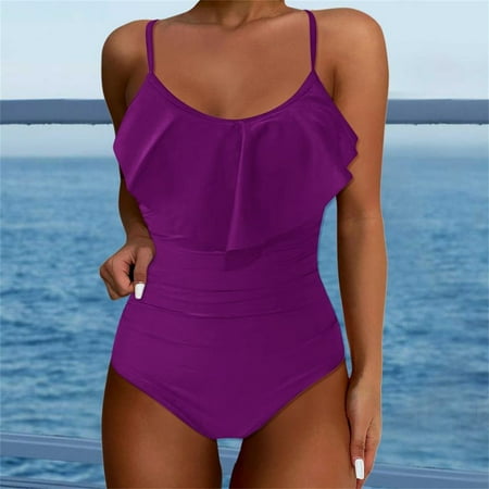 Ovticza Women s One Piece Bathing Suit Ruffle Scoop Neck Adjustable Straps Tummy Control Slimming Swimsuit Cheeky Purple 2XL