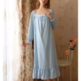 thumbnail image 2 of SWSMCLT Women's 100 Cotton Nightgown Vintage Loose Sleep Dress Mid-Length Victorian Princess Long Sleeve Ruffle Fall Blue Small, 2 of 4