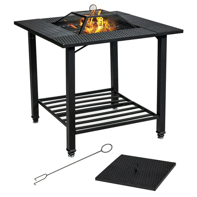 Costway Mesa con brasero para exterior, mesa cuadrada de madera con brasero y cobertura de red, tapa removible, rejilla para leña y atizador, mesa brasero 4 en 1 para lado piscina balcón y jardín